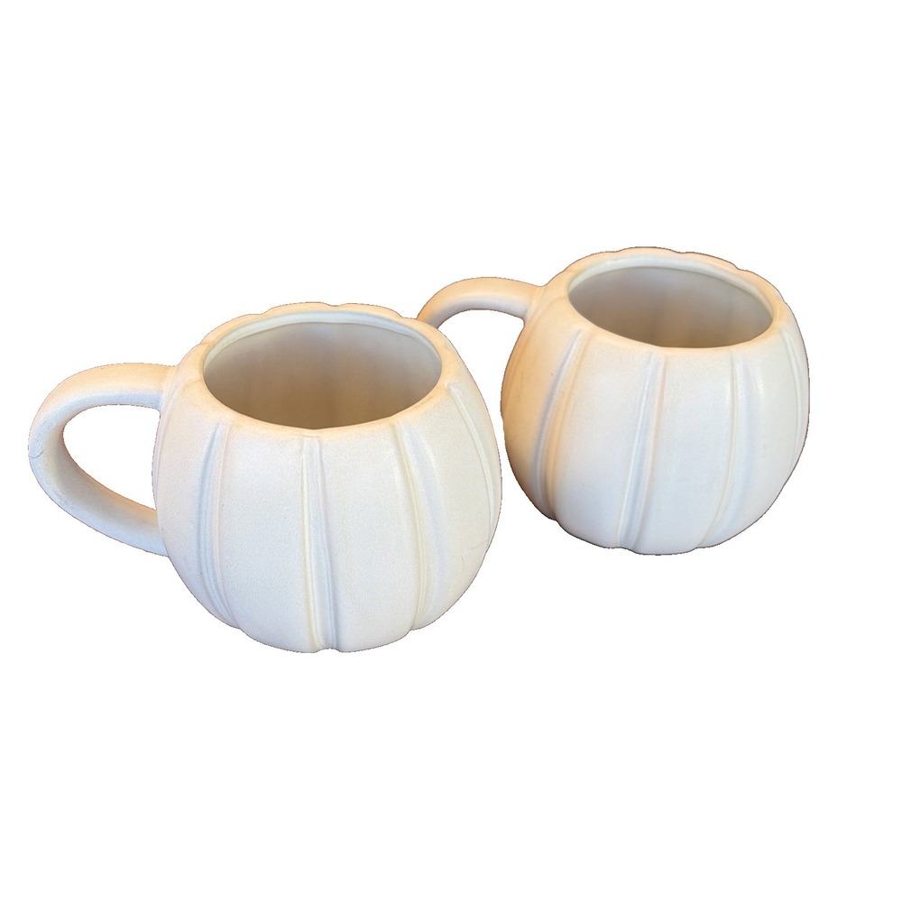 Hyde and Eek Boutique Set of 2 White Pumpkin Shaped Mugs Stoneware Fall Decor